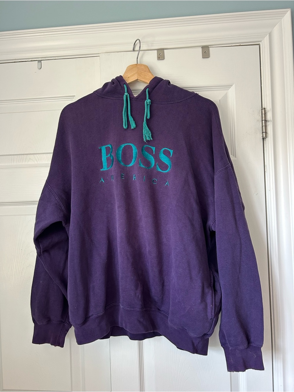 Boss Purple Crewneck Sweatshirt with Teal Logo and Drawstrings